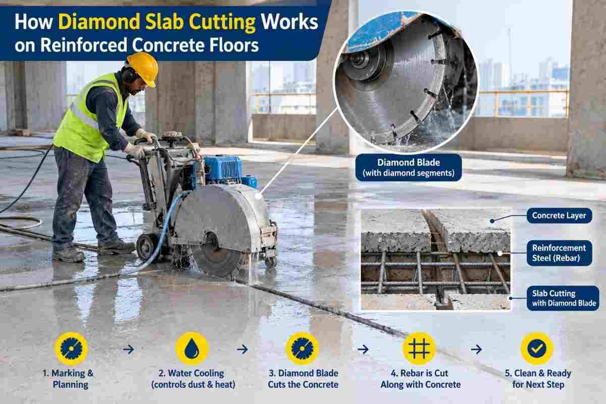 How Diamond Slab Cutting Works on Reinforced Concrete Floors: A Complete Guide | Core Cutting India