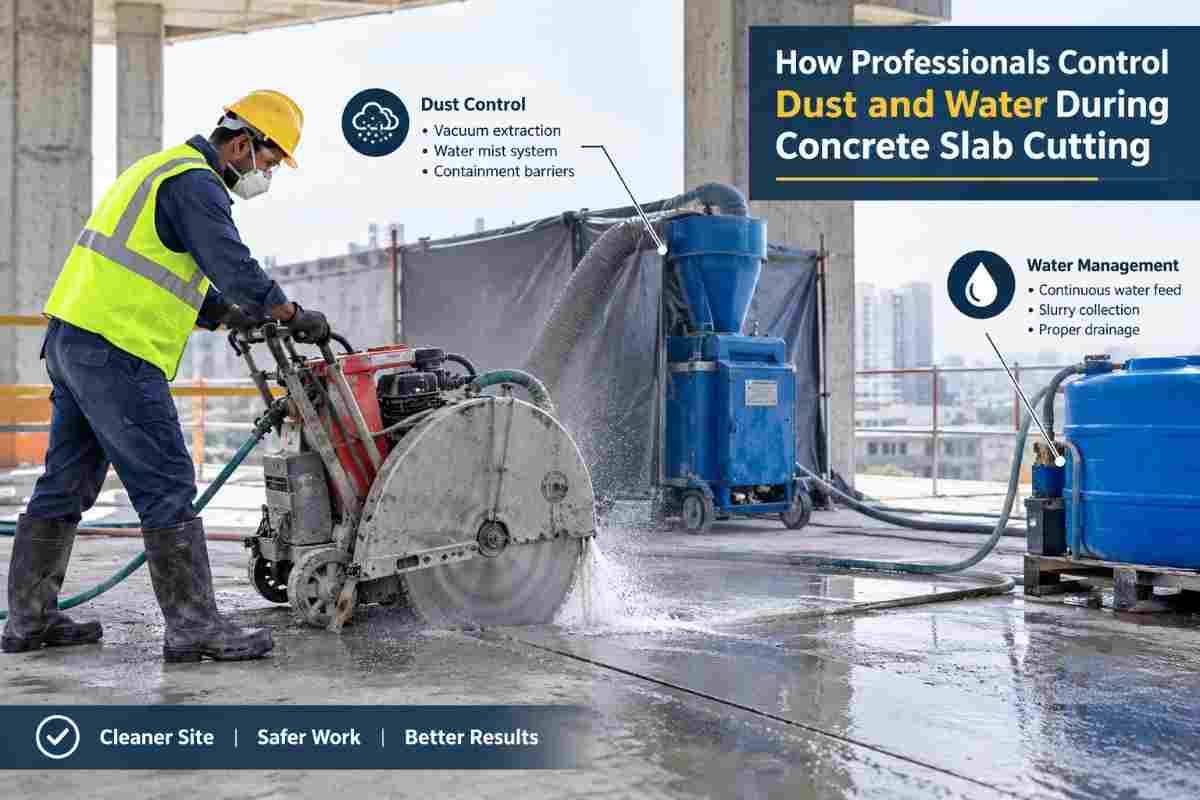 How Professionals Control Dust and Water During Concrete Slab Cutting | Core Cutting India