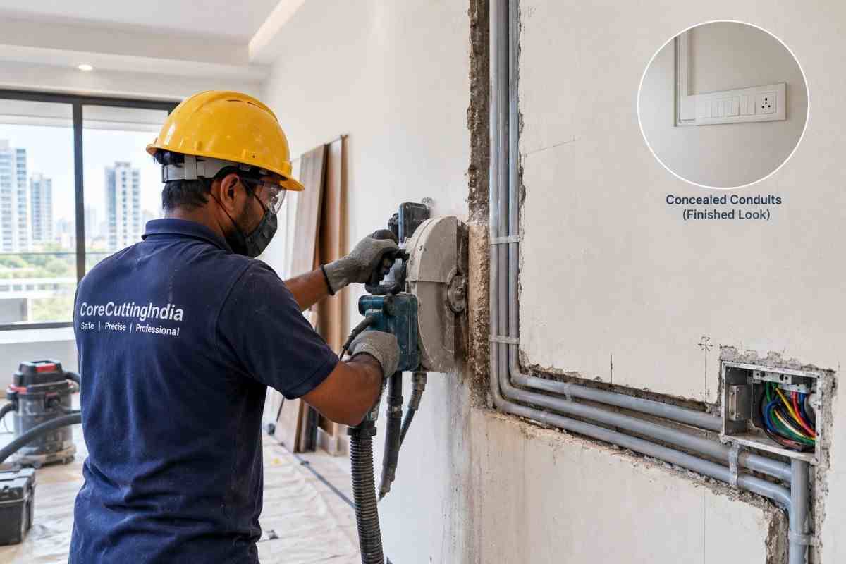 Wall Cutting for Concealed Electrical Conduits in Delhi Homes | Core Cutting India