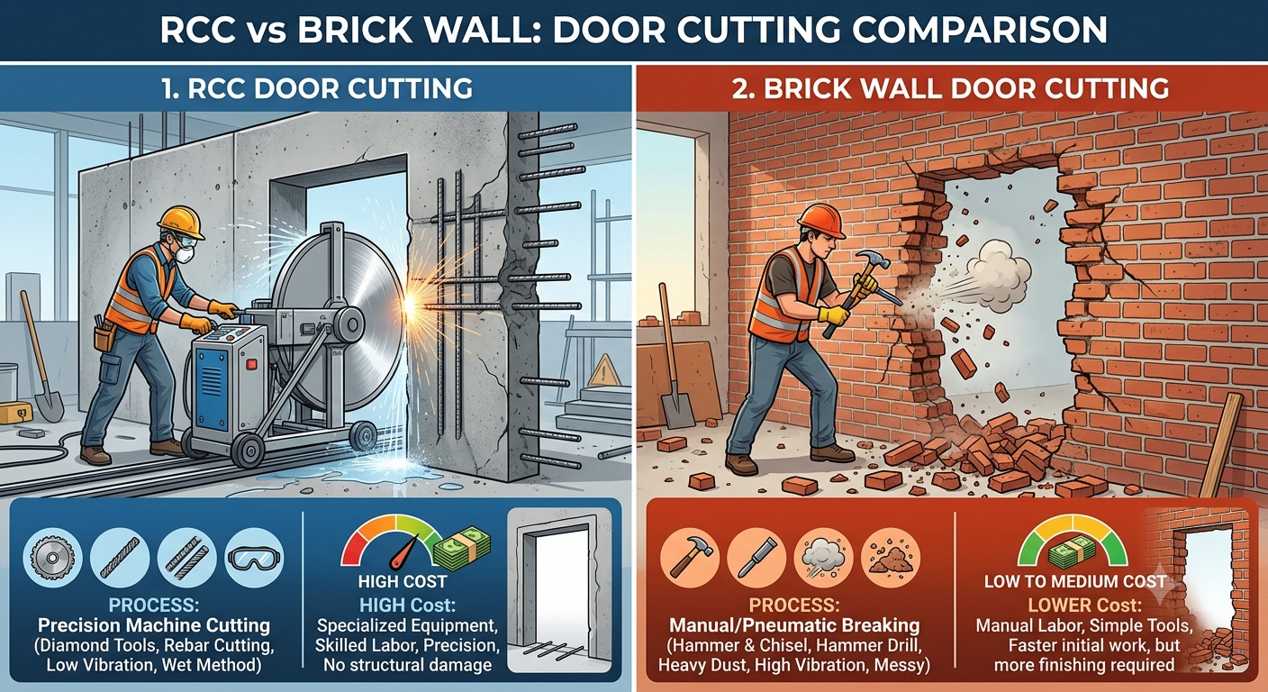 RCC Door Cutting vs Brick Wall Door Cutting – Cost & Process | Core Cutting India