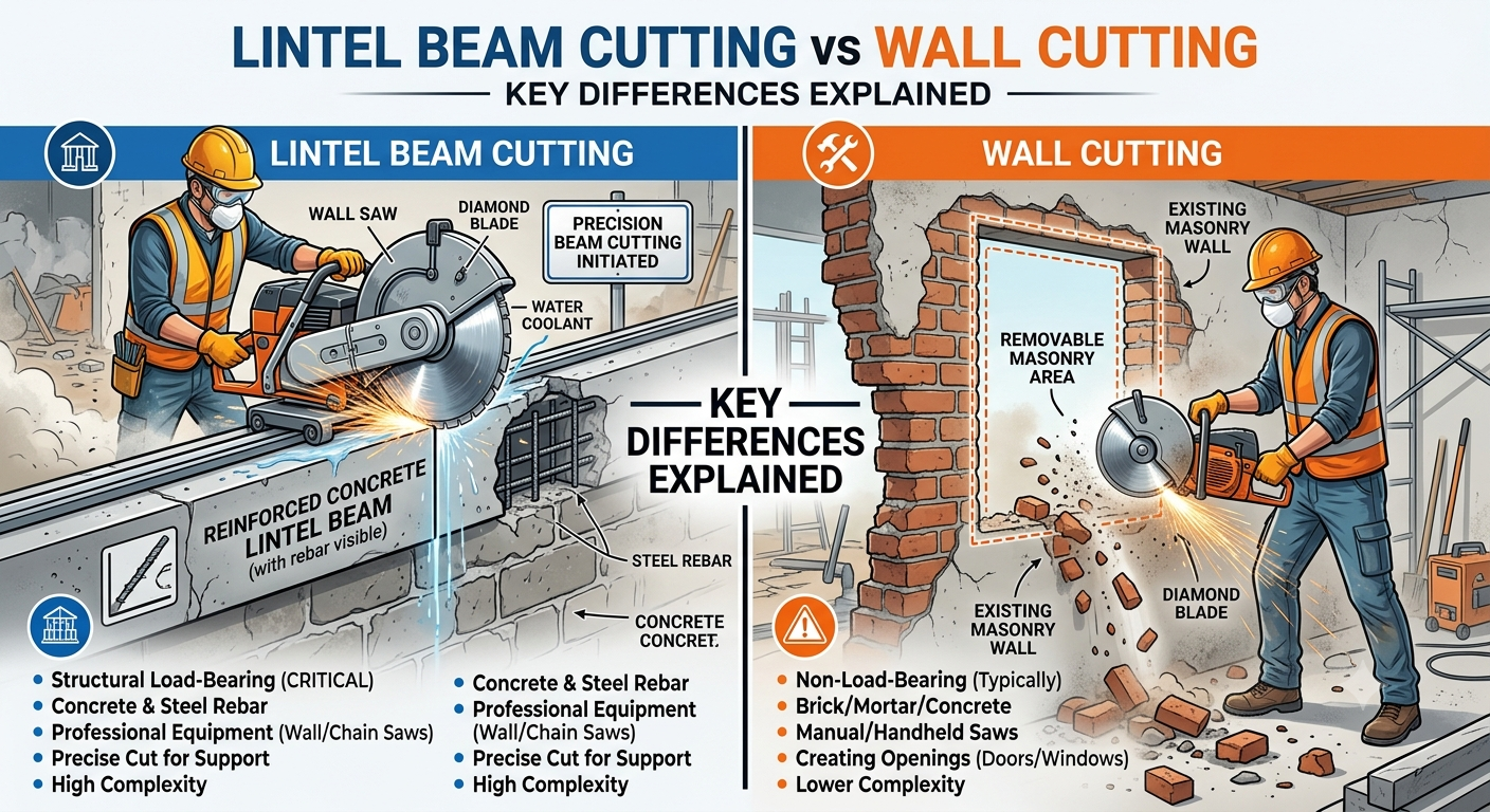 Lintel Beam Cutting vs Wall Cutting: Key Differences Explained | Core Cutting India