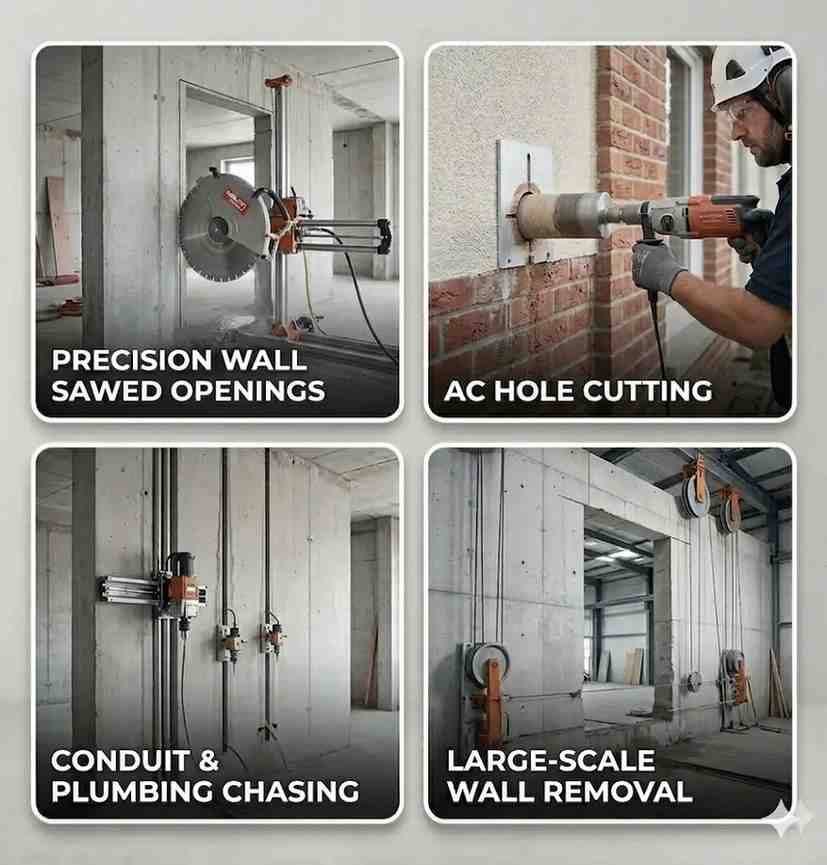Professional wall cutting service – diamond wall saw cutting RCC wall for door opening in India