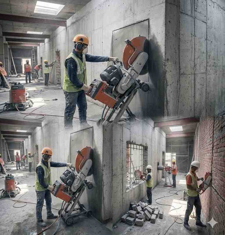 Verified wall cutting contractor using diamond wall saw on RCC wall in India
